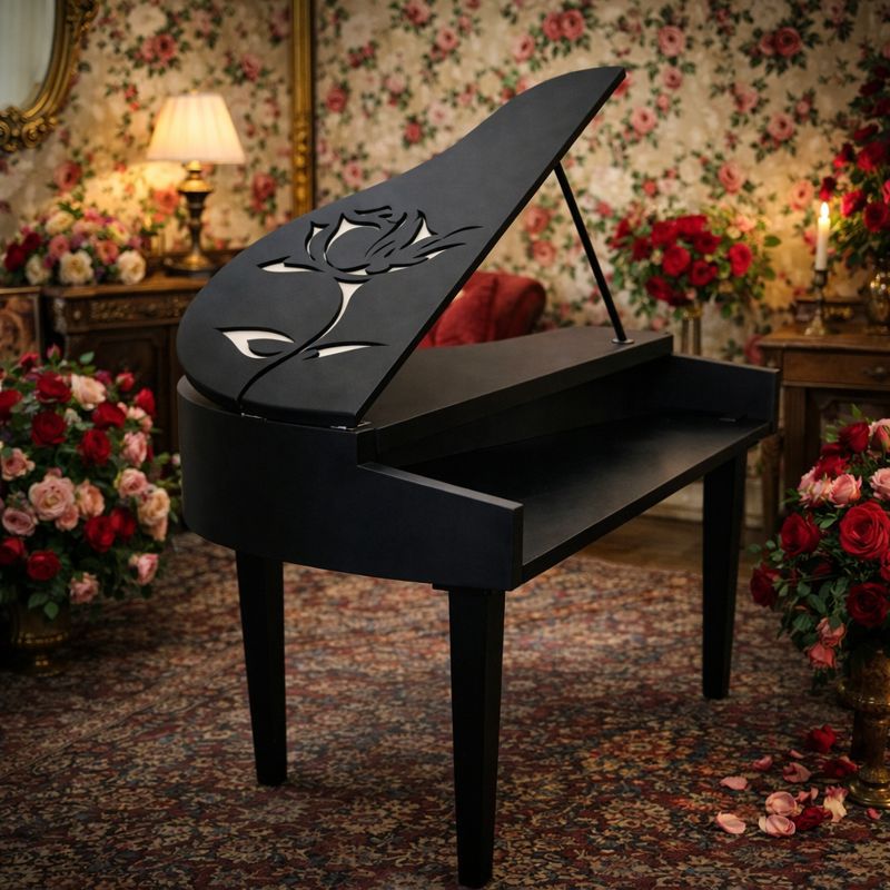 KeyGrand matte black piano shell with decorative lotus flower cutout lid in romantic Victorian setting with red roses
