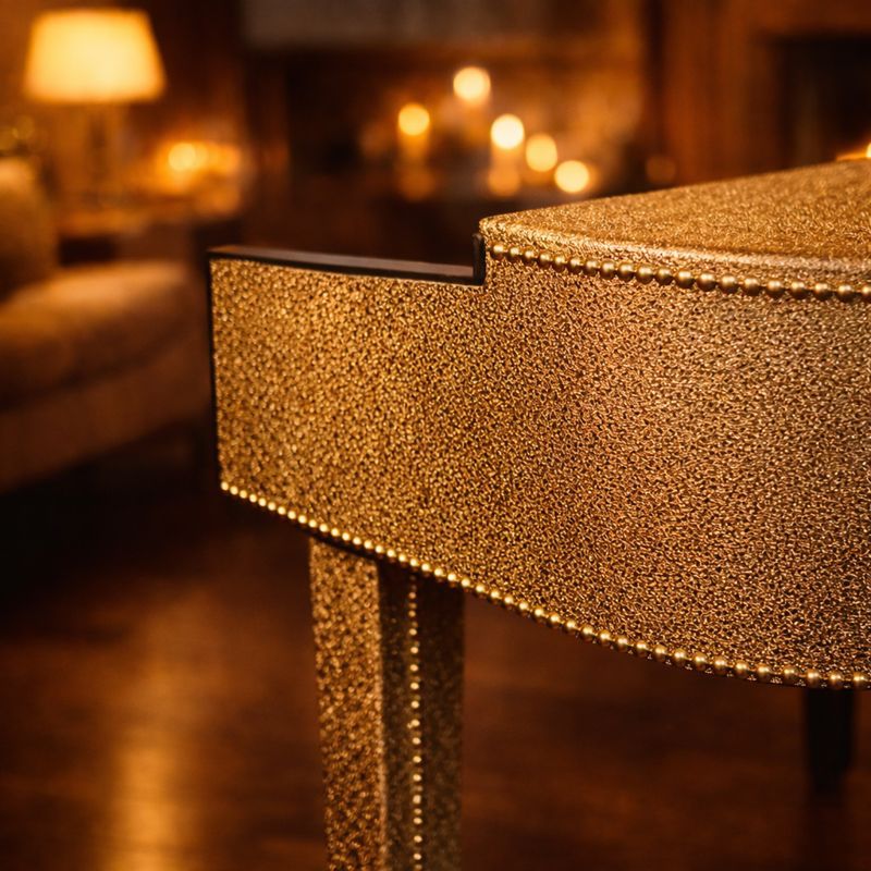 KeyGrand gold textured skai piano shell detail in warm ambient candlelight setting, showcasing premium skai covering and decorative nail trim